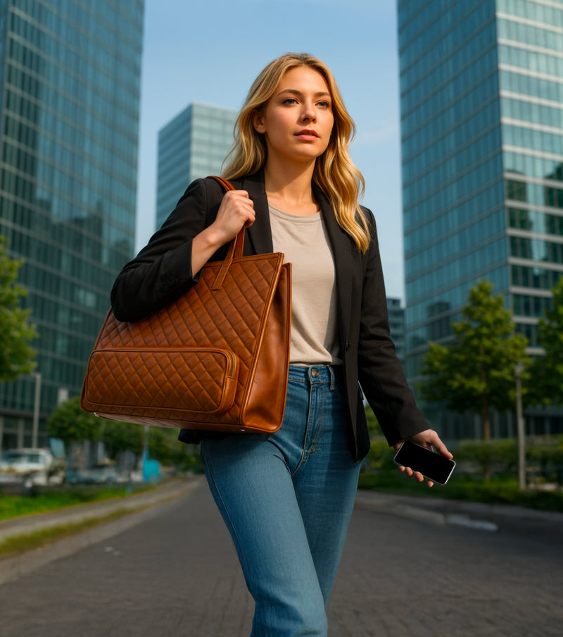 Femme portant un sac bordeaux/vin rouge 2-en-1 pour ordinateur et repas
