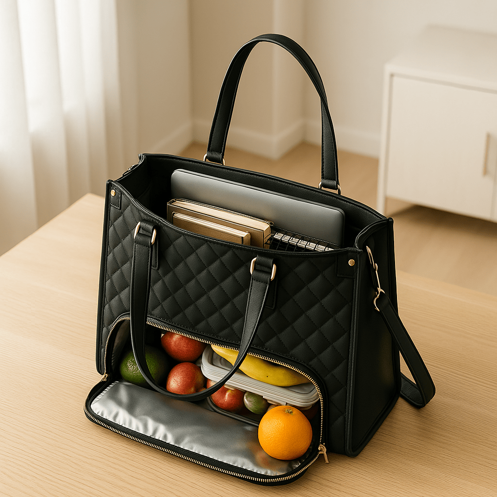 Compartiment lunch isotherme dans un sac à main noir
