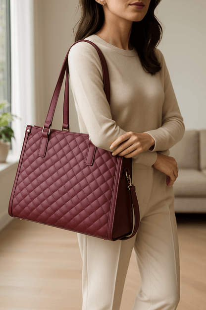 Femme portant un sac bordeaux/vin rouge 2-en-1 pour ordinateur et repas